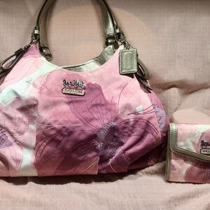 Coach Madison Bag & Wallet Pink Purple Watercolor Embroidered Silk EUC RARE SET!